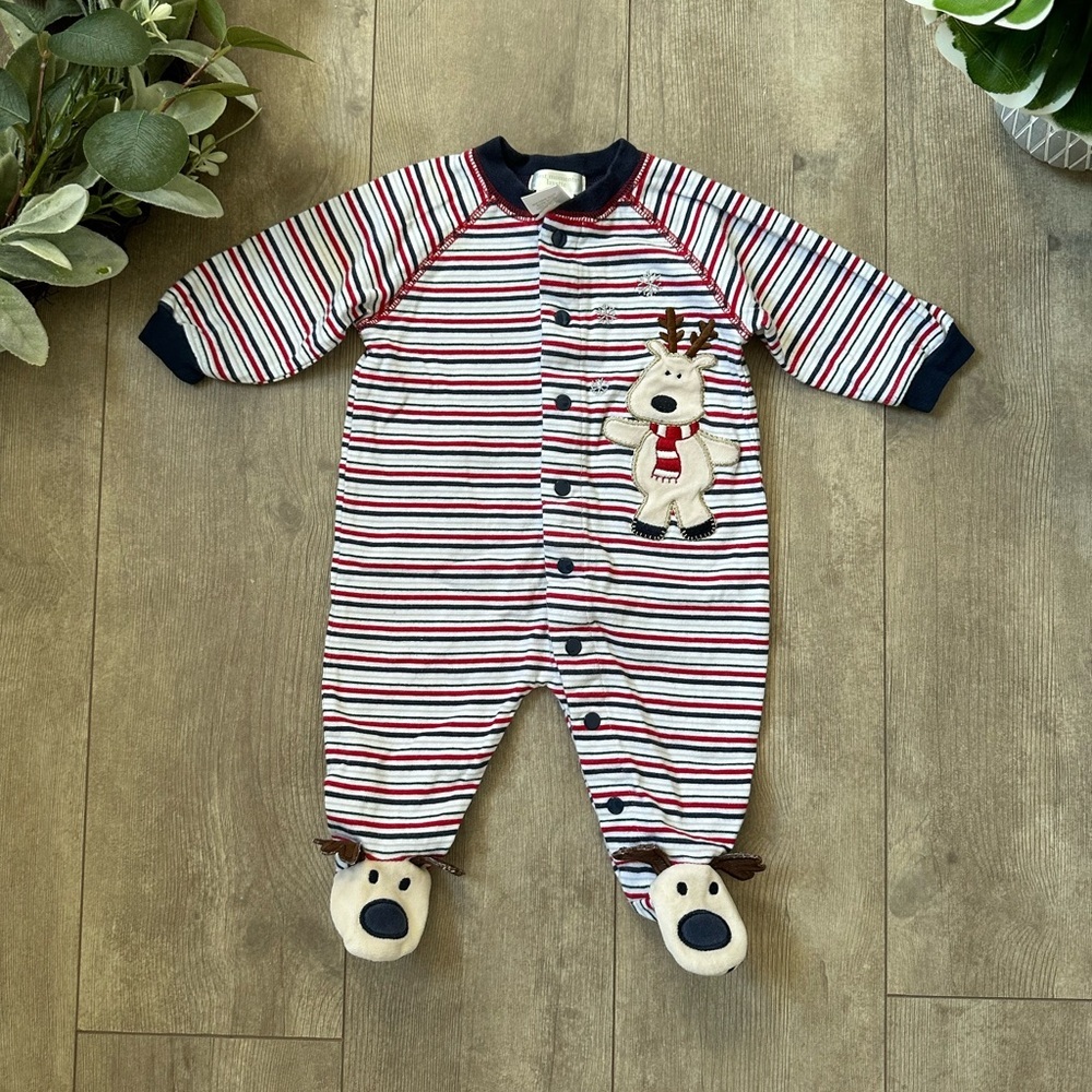 Vintage Baby Boy Outfit First Moments Layette Striped Reindeer Footies One Piece